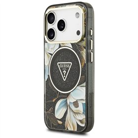 Guess Case Magsafe IML Case Glitter Flowers And Triangle With Metal Camera Frame And Buttons For iPhone 17 Pro Max Black
