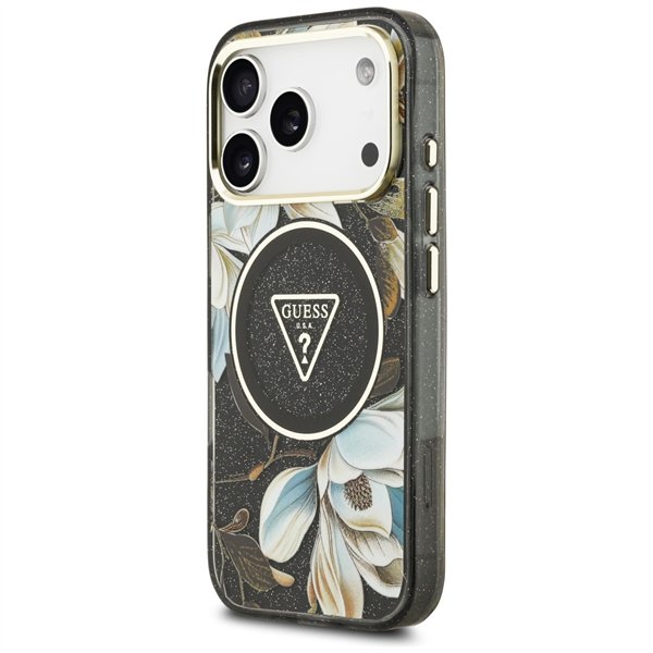 Guess Case Magsafe IML Case Glitter Flowers And Triangle With Metal Camera Frame And Buttons For iPhone 17 Pro Max Black