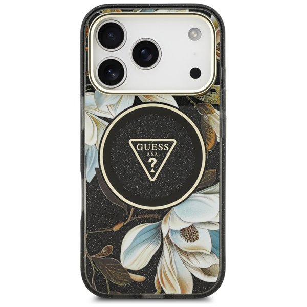 Guess Case Magsafe IML Case Glitter Flowers And Triangle With Metal Camera Frame And Buttons For iPhone 17 Pro Max Black