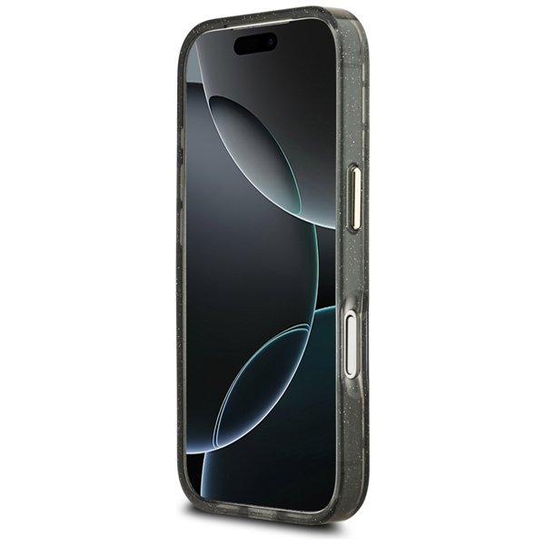 Guess Case Magsafe IML Case Glitter Flowers And Triangle With Metal Camera Frame And Buttons For iPhone 17 Pro Max Black