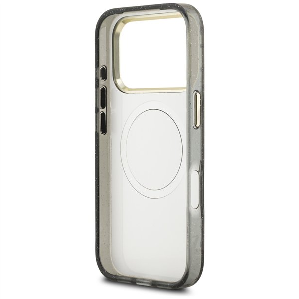 Guess Case Magsafe IML Case Glitter Flowers And Triangle With Metal Camera Frame And Buttons For iPhone 17 Pro Max Black