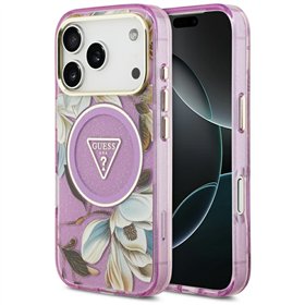 Guess Case Magsafe IML Case Glitter Flowers And Triangle With Metal Camera Frame And Buttons For iPhone 17 Pro Max PUrple