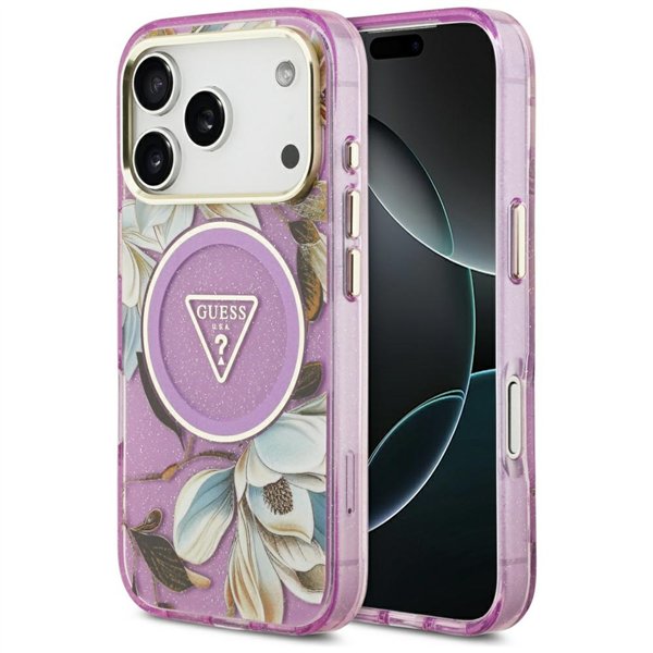 Guess Case Magsafe IML Case Glitter Flowers And Triangle With Metal Camera Frame And Buttons For iPhone 17 Pro Max PUrple