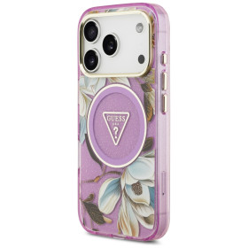 Guess Case Magsafe IML Case Glitter Flowers And Triangle With Metal Camera Frame And Buttons For iPhone 17 Pro Max PUrple
