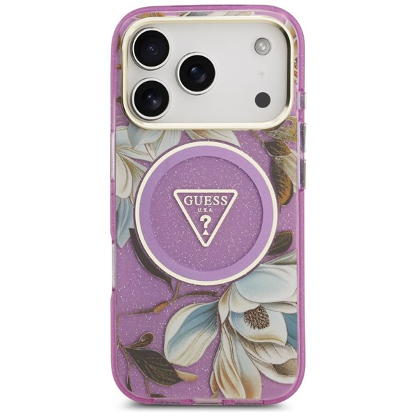 Guess Case Magsafe IML Case Glitter Flowers And Triangle With Metal Camera Frame And Buttons For iPhone 17 Pro Max PUrple