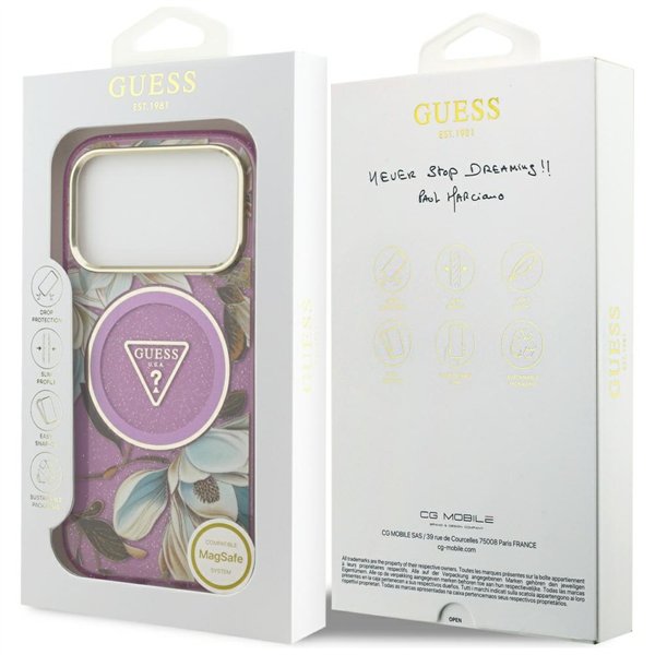 Guess Case Magsafe IML Case Glitter Flowers And Triangle With Metal Camera Frame And Buttons For iPhone 17 Pro Max PUrple