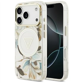 Guess Case Magsafe IML Case Glitter Flowers And Triangle With Metal Camera Frame And Buttons For iPhone 17 Pro Max White