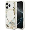 Guess Case Magsafe IML Case Glitter Flowers And Triangle With Metal Camera Frame And Buttons For iPhone 17 Pro Max White