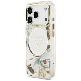 Guess Case Magsafe IML Case Glitter Flowers And Triangle With Metal Camera Frame And Buttons For iPhone 17 Pro Max White