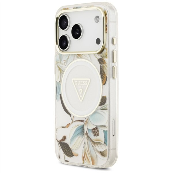 Guess Case Magsafe IML Case Glitter Flowers And Triangle With Metal Camera Frame And Buttons For iPhone 17 Pro Max White
