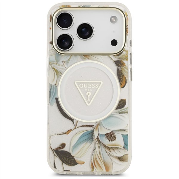 Guess Case Magsafe IML Case Glitter Flowers And Triangle With Metal Camera Frame And Buttons For iPhone 17 Pro Max White