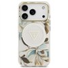 Guess Case Magsafe IML Case Glitter Flowers And Triangle With Metal Camera Frame And Buttons For iPhone 17 Pro Max White