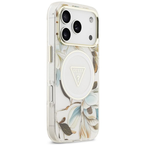 Guess Case Magsafe IML Case Glitter Flowers And Triangle With Metal Camera Frame And Buttons For iPhone 17 Pro Max White