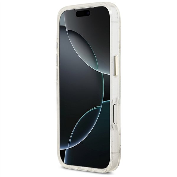 Guess Case Magsafe IML Case Glitter Flowers And Triangle With Metal Camera Frame And Buttons For iPhone 17 Pro Max White