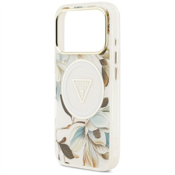 Guess Case Magsafe IML Case Glitter Flowers And Triangle With Metal Camera Frame And Buttons For iPhone 17 Pro Max White