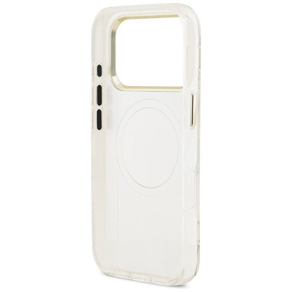 Guess Case Magsafe IML Case Glitter Flowers And Triangle With Metal Camera Frame And Buttons For iPhone 17 Pro Max White