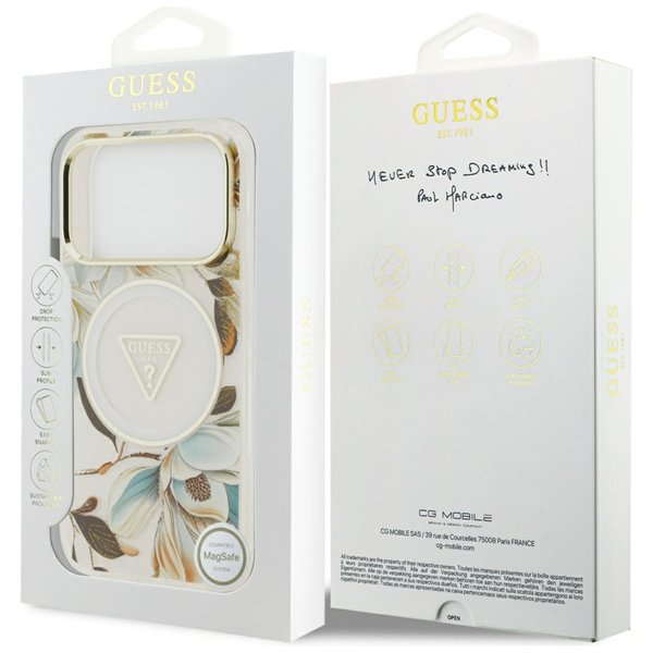 Guess Case Magsafe IML Case Glitter Flowers And Triangle With Metal Camera Frame And Buttons For iPhone 17 Pro Max White