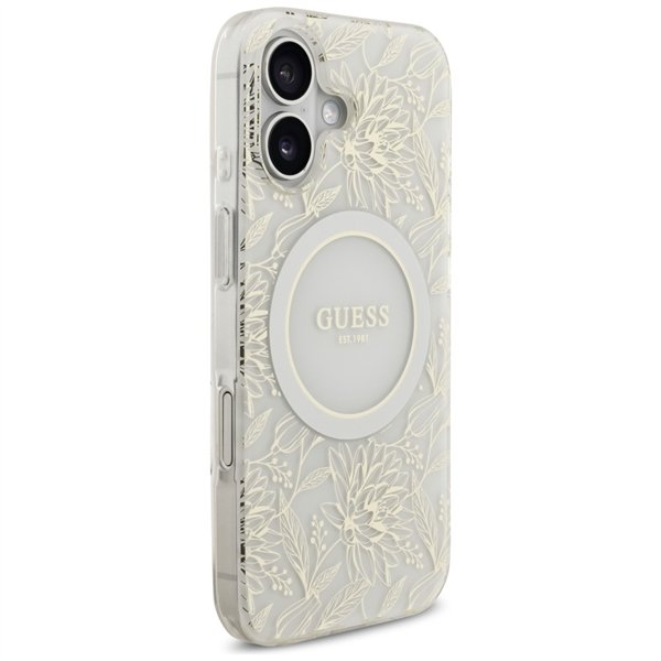 Guess Case Magsafe IML Case Flowers Electroplated Allover With Beads Strap For iPhone 17 White