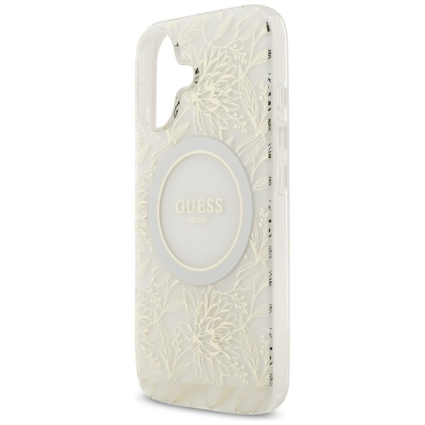Guess Case Magsafe IML Case Flowers Electroplated Allover With Beads Strap For iPhone 17 White