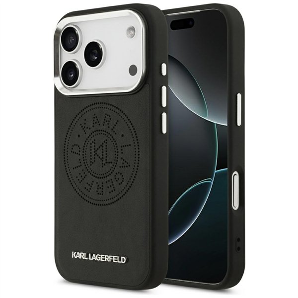 Karl Lagerfeld case Magsafe PU case with Karl round point logo metal camera buttons and logo for iPhone 17 Pro black