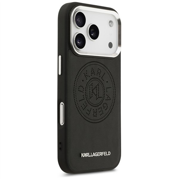 Karl Lagerfeld case Magsafe PU case with Karl round point logo metal camera buttons and logo for iPhone 17 Pro Max black
