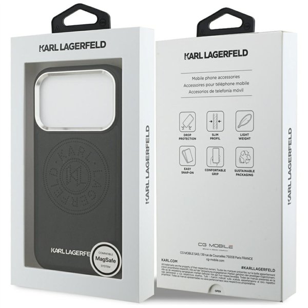 Karl Lagerfeld case Magsafe PU case with Karl round point logo metal camera buttons and logo for iPhone 17 Pro Max black