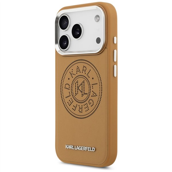 Karl Lagerfeld case Magsafe PU case with Karl round point logo metal camera buttons and logo for iPhone 17 Pro brown