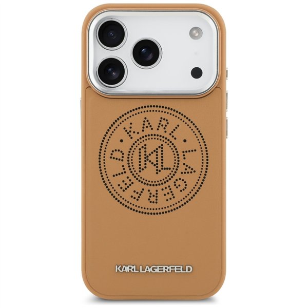 Karl Lagerfeld case Magsafe PU case with Karl round point logo metal camera buttons and logo for iPhone 17 Pro brown
