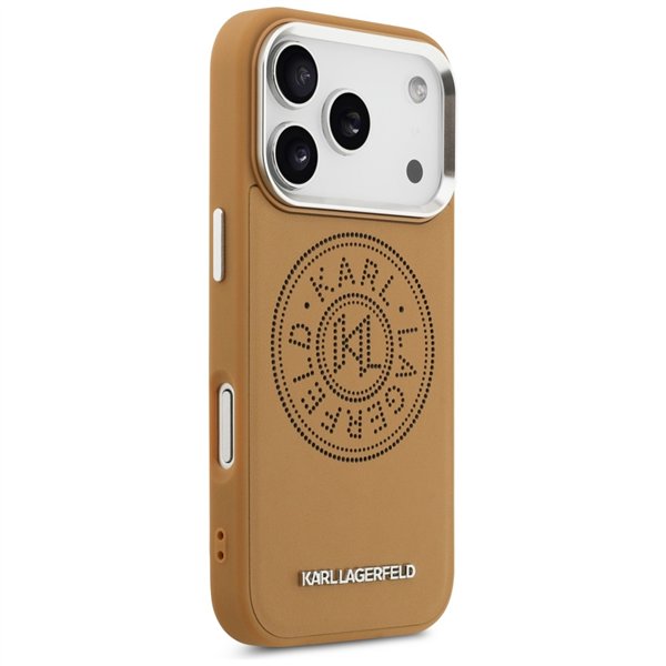 Karl Lagerfeld case Magsafe PU case with Karl round point logo metal camera buttons and logo for iPhone 17 Pro brown