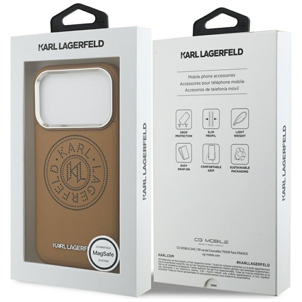 Karl Lagerfeld case Magsafe PU case with Karl round point logo metal camera buttons and logo for iPhone 17 Pro brown