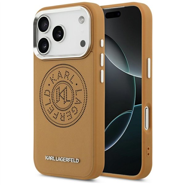 Karl Lagerfeld case Magsafe PU case with Karl round point logo metal camera buttons and logo for iPhone 17 Pro Max brown