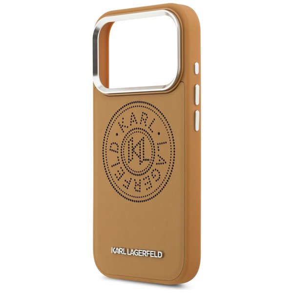 Karl Lagerfeld case Magsafe PU case with Karl round point logo metal camera buttons and logo for iPhone 17 Pro Max brown