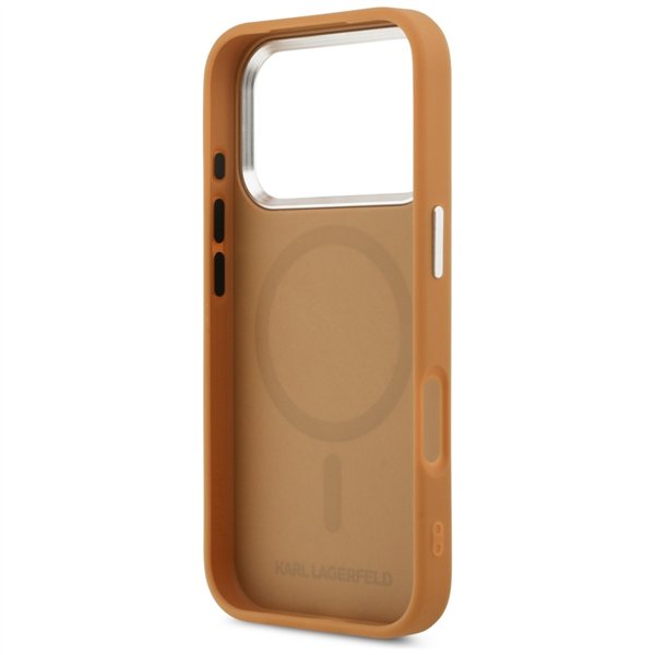 Karl Lagerfeld case Magsafe PU case with Karl round point logo metal camera buttons and logo for iPhone 17 Pro Max brown