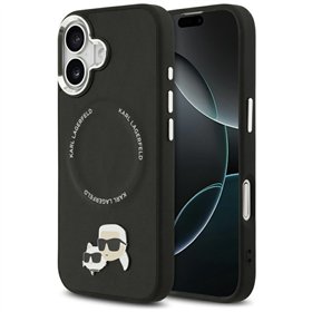 Karl Lagerfeld case Magsafe PU case with Karl&Choupette heads pins logo and metal camera buttons for iPhone 17 black