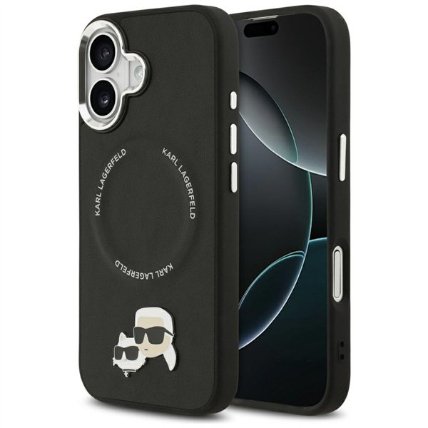 Karl Lagerfeld case Magsafe PU case with Karl&Choupette heads pins logo and metal camera buttons for iPhone 17 black