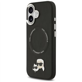 Karl Lagerfeld case Magsafe PU case with Karl&Choupette heads pins logo and metal camera buttons for iPhone 17 black