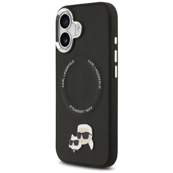 Karl Lagerfeld case Magsafe PU case with Karl&Choupette heads pins logo and metal camera buttons for iPhone 17 black