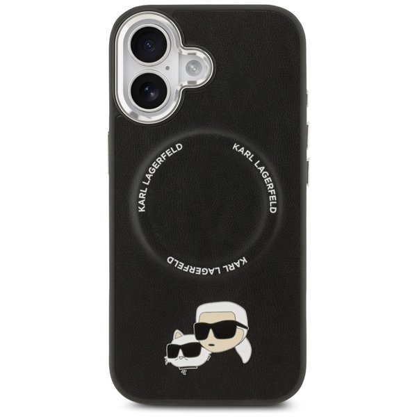 Karl Lagerfeld case Magsafe PU case with Karl&Choupette heads pins logo and metal camera buttons for iPhone 17 black