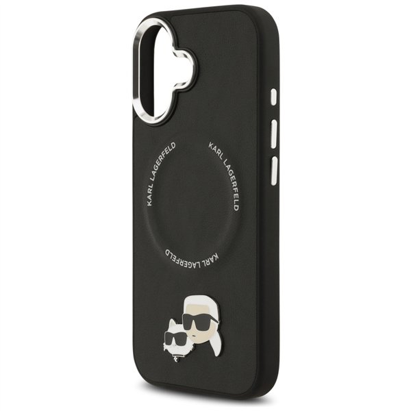 Karl Lagerfeld case Magsafe PU case with Karl&Choupette heads pins logo and metal camera buttons for iPhone 17 black