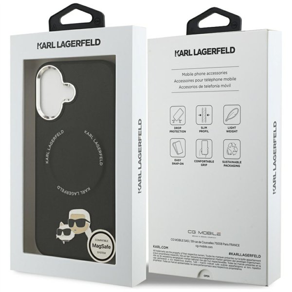 Karl Lagerfeld case Magsafe PU case with Karl&Choupette heads pins logo and metal camera buttons for iPhone 17 black