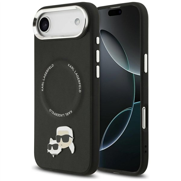 Karl Lagerfeld case Magsafe PU case with Karl&Choupette heads pins logo and metal camera buttons for iPhone 17 Air black