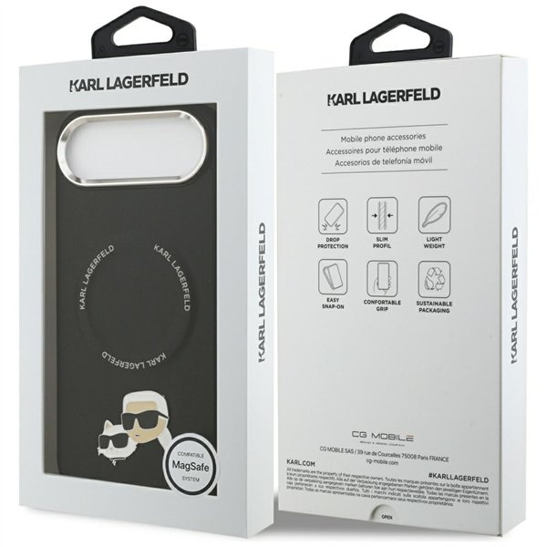 Karl Lagerfeld case Magsafe PU case with Karl&Choupette heads pins logo and metal camera buttons for iPhone 17 Air black