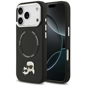 Karl Lagerfeld case Magsafe PU case with Karl&Choupette heads pins logo and metal camera buttons for iPhone 17 Pro black
