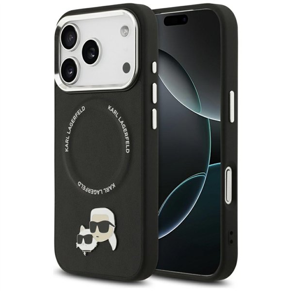 Karl Lagerfeld case Magsafe PU case with Karl&Choupette heads pins logo and metal camera buttons for iPhone 17 Pro black