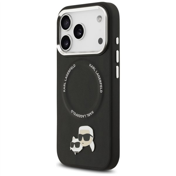 Karl Lagerfeld case Magsafe PU case with Karl&Choupette heads pins logo and metal camera buttons for iPhone 17 Pro black