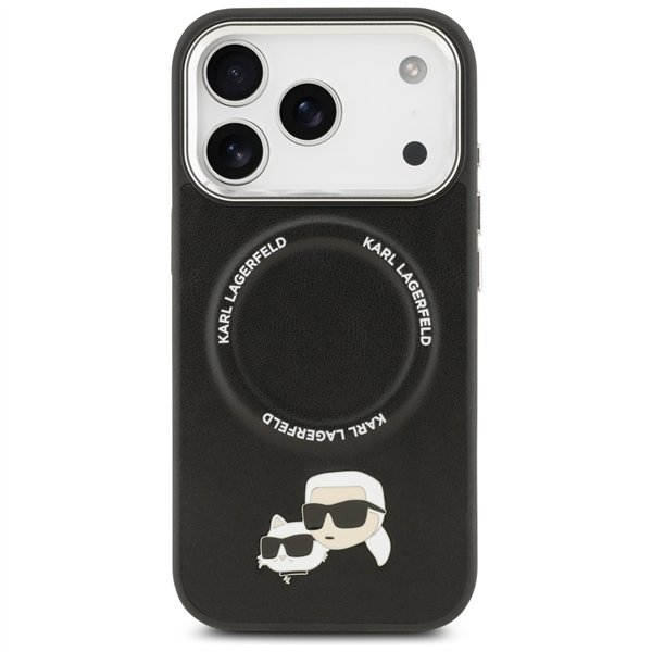 Karl Lagerfeld case Magsafe PU case with Karl&Choupette heads pins logo and metal camera buttons for iPhone 17 Pro black