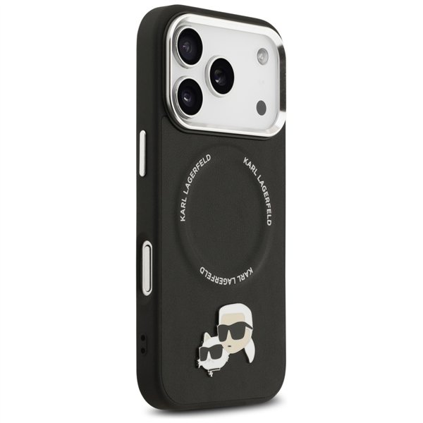Karl Lagerfeld case Magsafe PU case with Karl&Choupette heads pins logo and metal camera buttons for iPhone 17 Pro black