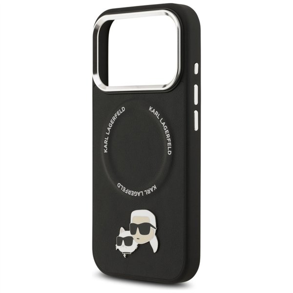 Karl Lagerfeld case Magsafe PU case with Karl&Choupette heads pins logo and metal camera buttons for iPhone 17 Pro black