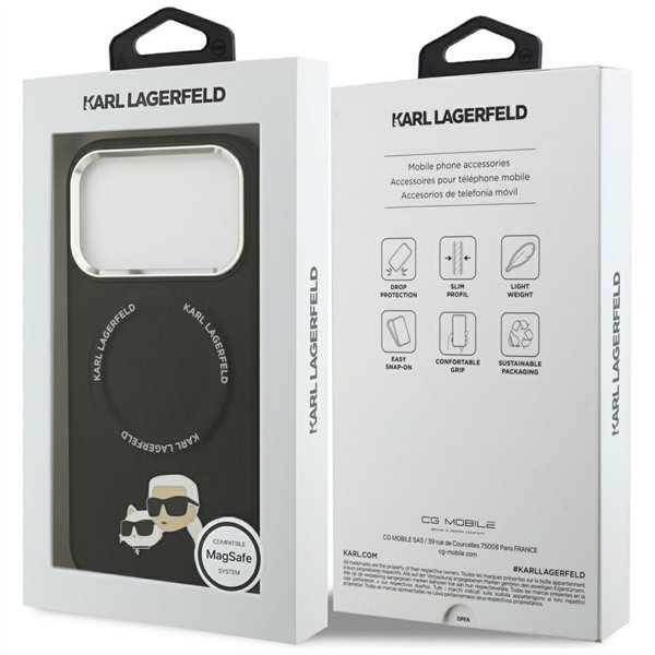 Karl Lagerfeld case Magsafe PU case with Karl&Choupette heads pins logo and metal camera buttons for iPhone 17 Pro black