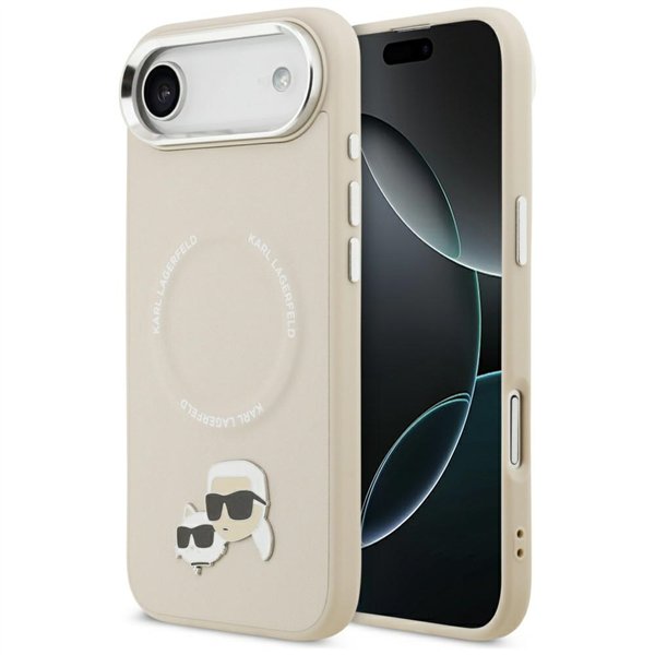 Karl Lagerfeld case Magsafe PU case with Karl&Choupette heads pins logo and metal camera buttons for iPhone 17 Air grey